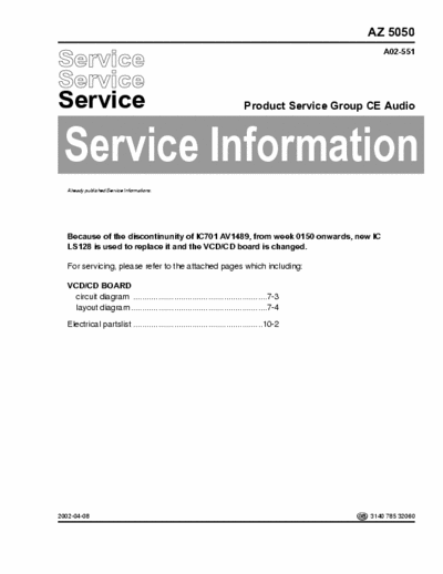 Philips AZ5050 Service Information Prod. Serv. Group CE Audio A02-551 (2002-04-08) - pag. 4